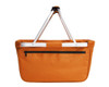 An orange basket shopper with a sturdy frame and a zippered pocket on the back.