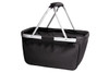 A black tote bag with a metallic frame and handles, featuring a zippered pocket on one side.