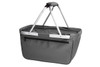 A grey tote bag with a sturdy handle and aluminum frame, featuring a zippered pocket on one side.