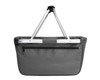 A grey tote bag with an aluminium frame and a zippered pocket on the back. It features a simple design and has a logo.