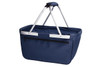 A navy blue tote bag with silver handles and a zippered pocket. It has a sturdy design and a simple branding element.