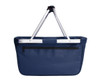 A navy blue tote bag with a zippered pocket and silver metal handles. It features a simple design and a branding logo.