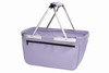 A purple tote bag with silver handles and a zippered pocket on one side. It features a sturdy frame.