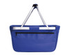 A blue tote bag with an aluminium frame and a zippered pocket on the back. It features a logo.