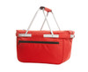 A red cooler shopper with silver handles and a zippered pocket on one side. It features a sturdy design for carrying items.