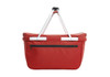 A red cooler bag with a sturdy handle and a zippered pocket on the front. It has a metal frame.