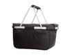A black cooler shopping bag with metal handles, featuring a zippered pocket and a structured design.