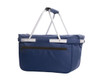 A navy blue cooler bag with a sturdy handle and a zippered pocket on the front. It has a metallic frame.