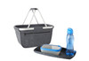 A grey fabric basket with silver handles, a blue drink bottle, and a grey tray with a blue-lidded container.