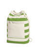 A green and white striped beach backpack with a rope drawstring and a front pocket. It features a logo on the side.
