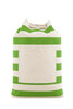 A striped green and cream beach backpack with a rope handle and a front pocket. It features a logo on the front.