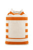 A striped backpack in orange and white with a rope handle and a front pocket. It features a logo.