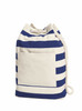 A striped beach backpack in navy blue and cream, featuring a front pocket and a drawstring closure.