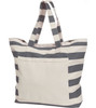 A large, striped tote bag in cream and grey featuring sturdy handles and a front pocket. It has a logo.