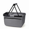 A grey shopping basket with black handles and a zippered front pocket. It has a sturdy design for carrying items.