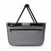 A grey shopping bag with a black handle and a zippered pocket on the back, featuring a branding logo.