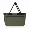 An olive green shopping bag with a black handle and a zippered pocket on the front. It has a logo on it.
