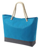 A large blue bag with a grey bottom and rope handles, featuring a logo on the front.