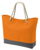 An orange tote bag with a grey bottom and rope handles. Features a logo.