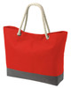 A red tote bag with a grey bottom and rope handles, featuring a logo on the side.