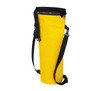 A drink bottle thermos bag in bright yellow with a black adjustable strap and a logo on the side.