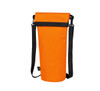 A drink bottle bag in vibrant orange with a black adjustable strap and a secure top closure. It features a logo.