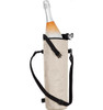 A drink bottle is nestled in a beige bottle thermo bag with a black strap and clip, featuring a logo.