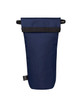 A drink bottle thermo bag in navy blue with a black strap and a logo on the side.