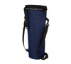 A drink bottle thermo bag in navy blue with an adjustable strap and a logo.