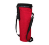 A drink bottle thermo bag in red with a black shoulder strap and a logo on the side.