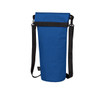 A drink bottle thermos bag in blue, featuring a shoulder strap and a roll-top closure, with a brand logo.