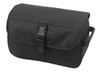 A black toiletry bag with a flap and buckle closure. It features a handle for easy carrying and includes a logo.