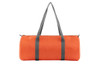 An orange duffle bag with grey straps and a zip closure, featuring a logo on the side.