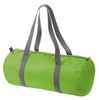 A bright green duffle bag with grey straps and a zippered closure. It features a logo on the side.