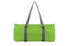 A vibrant green duffle bag with grey straps and a logo, featuring a cylindrical design and zip closure.
