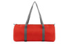 A red duffle bag with grey straps and a zip closure, featuring a logo on the side.