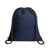 A navy drawstring bag with two matching cords, featuring a simple design and a branded logo.