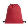 A red drawstring bag with black cords, featuring a logo on the front.