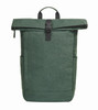 A green Circle Backpack with a roll-top closure and side pockets. The backpack features a logo on the front.
