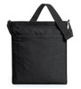 A black shoulder bag with a simple design, featuring adjustable straps and front pockets. It has a logo on it.