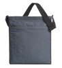 A grey shoulder bag with a long strap and front pocket. It features a simple design and a logo.