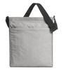 A grey shoulder bag with a long strap, featuring a zippered pocket on the front. It has a simple, minimalist design.