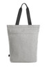 A grey tote bag with two black straps, featuring a simple and modern design. It has a front pocket and a logo.