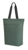 A green reusable grocery bag with long black handles and two front pockets. It features a logo on the side.