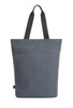 A grey reusable grocery bag with black handles, featuring two outer pockets and a branding logo.
