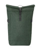 A green roll-top backpack featuring side buckles and a sleek design. It includes pockets for additional storage.