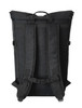 A black laptop backpack with a roll-top design and padded shoulder straps. It features a branding logo.