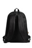 A black backpack featuring two adjustable straps and a simple design on the back. It has a logo on one side.