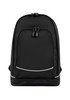 A black backpack with a sleek design and a drawstring closure, featuring a logo on the front.