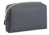 A grey zipper bag with a solid construction and a silver zipper, featuring a branding logo.